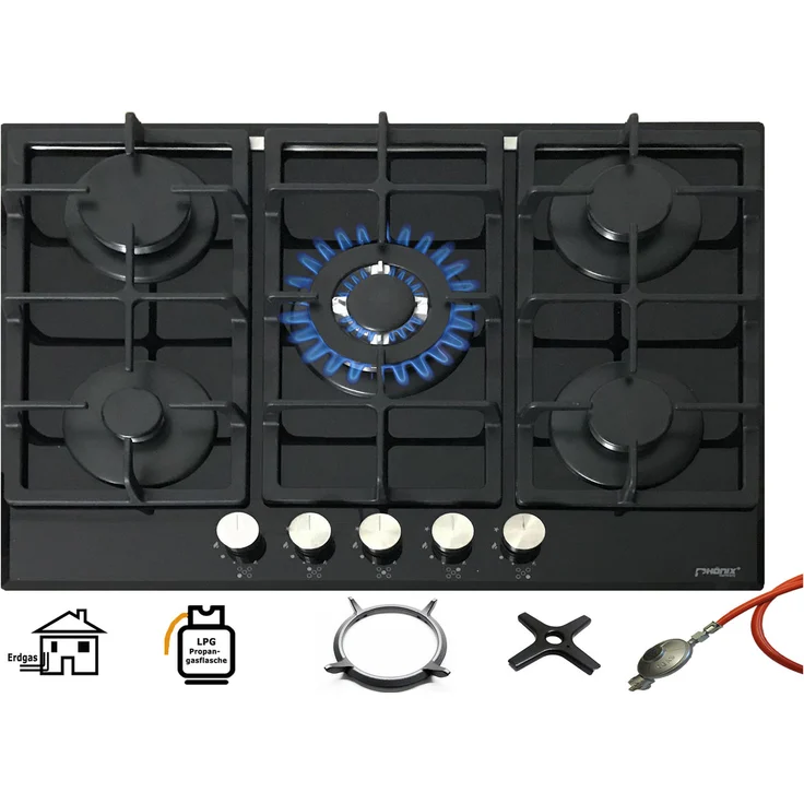 Phönix Germany Germany PG-901T Gaskochfeld Gaskocher 5 flammig Glas Einbauherd 90cm LPG-Erdgas