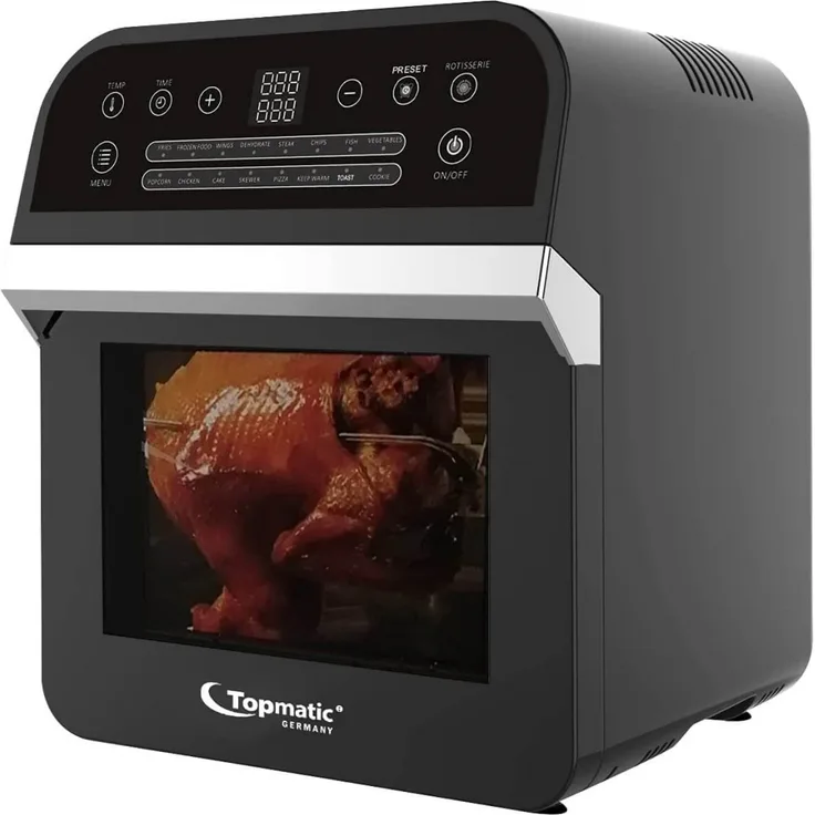 Topmatic XXL Heißluftfritteuse, ohne Öl, 1600 Watt, 12 Liter Volumen, Edelstahl, schwarz, Digitales Touch-Bedienfeld, Timer, DAF-1600.12LB