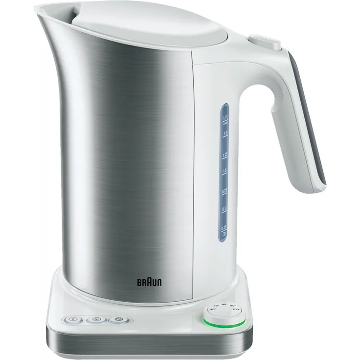 Braun Household Braun IDCollection Wasserkocher WK 5115 BK mit Schnellkochsystem & Warmhaltefunktion, 5 Temperaturstufen für Tee, 1,7 L Füllmenge, 3000 W, Weiß-Edelstahl 