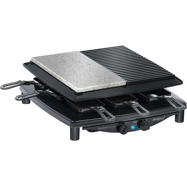 Steba RC 4 Plus Raclette-Grill, 29 x 29 cm, antihaftbeschichtet, 1450 Watt, für 4 Personen, schwarz, edelstahl