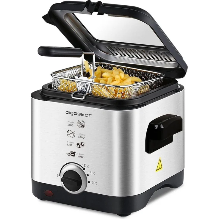 Aigostar 3000041ZD Fritteuse, mit Fett, 1,5 Liter Fassungsvermögen, 900 Watt, silber, Edelstahl – Bild 1