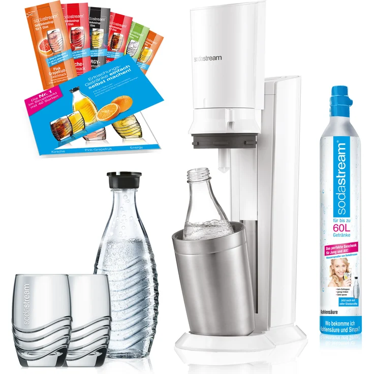SodaStream Crystal 2.0 Promopack weiß Wassersprudler mit 2 Glaskaraffen (Füllmenge: 0,6 Liter), 1 Kohlensäure-Zylinder (Standard-Zylinder), 2 Wassergläser und 6 Sirupproben – Bild 1