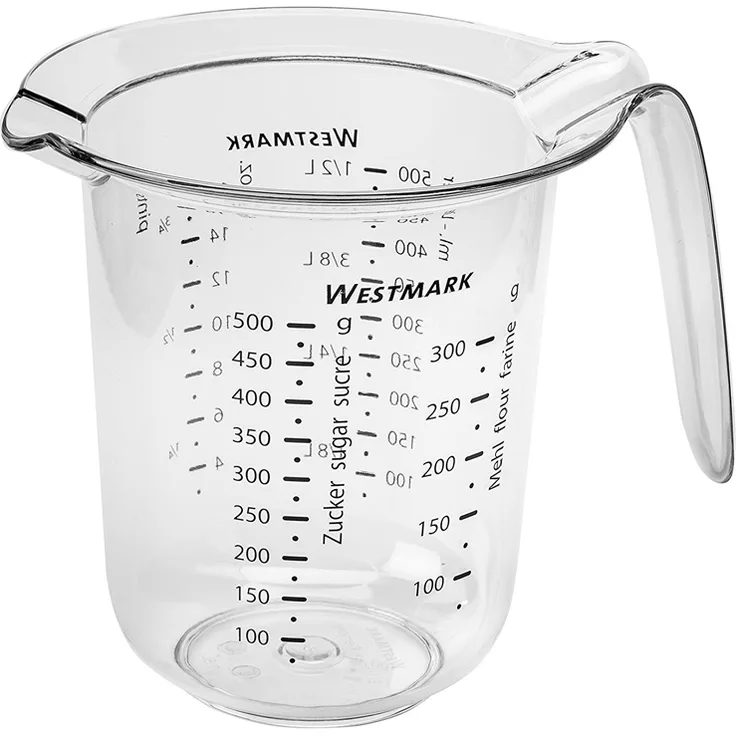 Westmark Messkanne mit mehrsprachigen Messskalen und verschiedenen Maßeinheiten, Füllvolumen: 0,5 Liter, Kunststoff, Transparent, 30642270