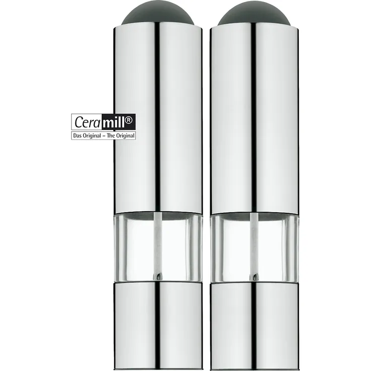 WMF Elektrische Mühle-Set, Salz und Pfeffermühle 2-teilig, unbefüllt, Edelstahl Cromargan matt, Glas, Kunststoff, H 21 cm, Durchmesser 5 cm