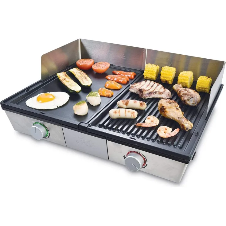 Solis 979.45 Deli Grill Tischgrill, 2200W, 40 x 64cm Grillfläche, inkl. Spritzschutz und 2 Spachteln, Edelstahl, schwarz, silber