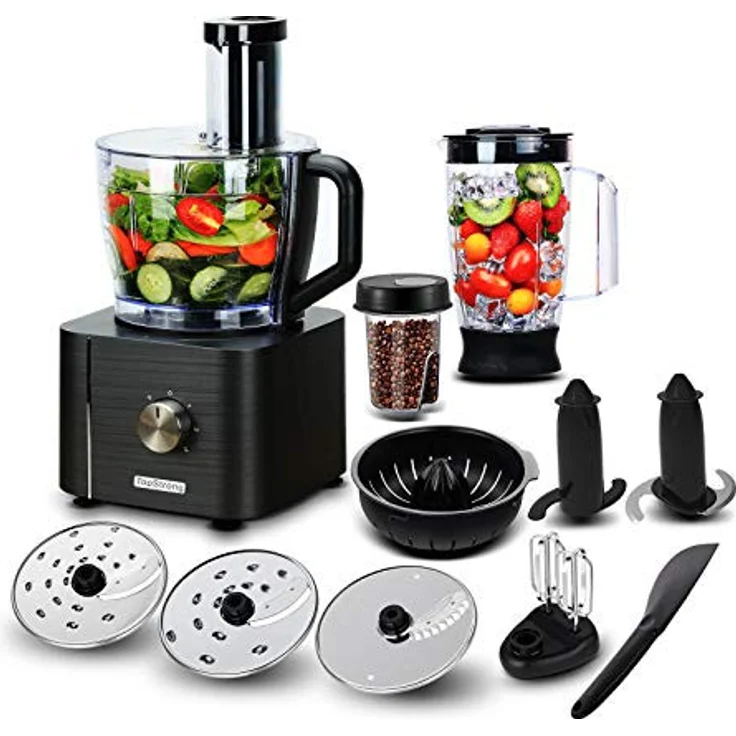 TopStrong Foodprozessor, 1100W, 11 Funktionen, 3,2L und 1,5 Behälter, inkl. Zerkleinerer, Scheidescheibe, Zitruspresse, Knethaken, schwarz – Bild 1