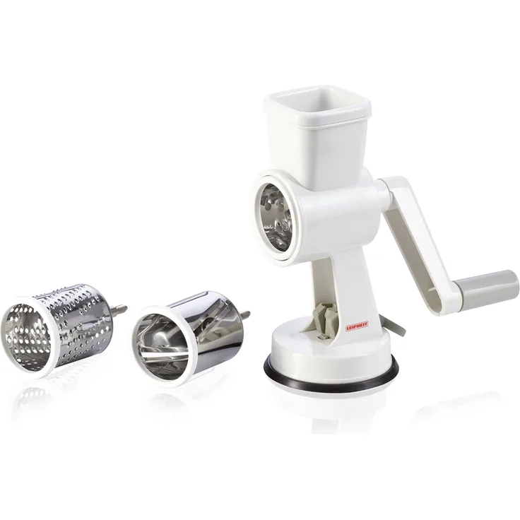 Leifheit Trommelreibe mit 3 auswechselbaren Klingen zum Raspeln und Schneiden, Gemüsereibe, Nussmühle, feines und grobes Mahlen, rutschsichere Parmesanreibe mit Kurbel, Reibemaschine, Mandelmühle