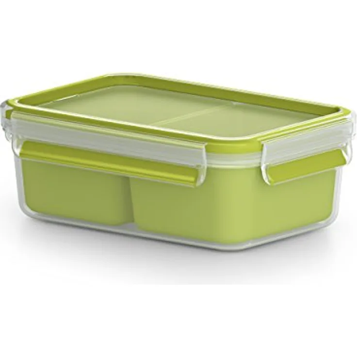 Emsa Lunch- und Snackbox mit 2 praktischen Einsätzen und Deckel, Volumen: 1 Liter, Transparent-Grün, Clip & Go, 518101