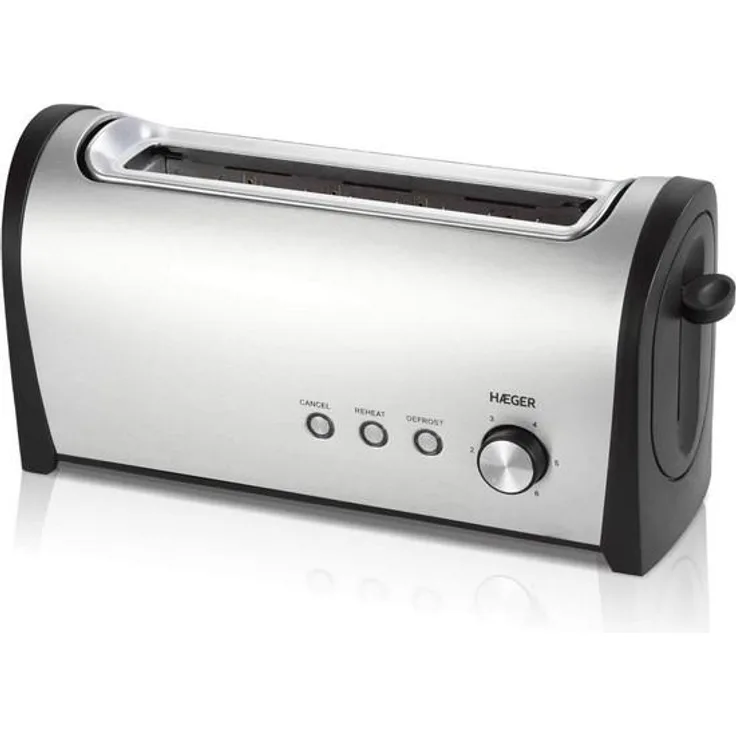 Haeger Desayuno Toaster, 1000 W, 6 Bräunungsstufen, Auftauen, Aufwärmen, Edelstahl, Krümelschublade, silber, schwarz