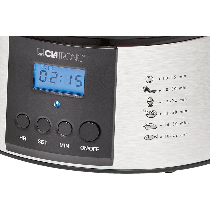 Clatronic Dampfgarer DG 3547, Inkl. 3 Dampfgarbehälter, 1 Deckel, 1 Reisschale, LCD-Display, Edelstahl