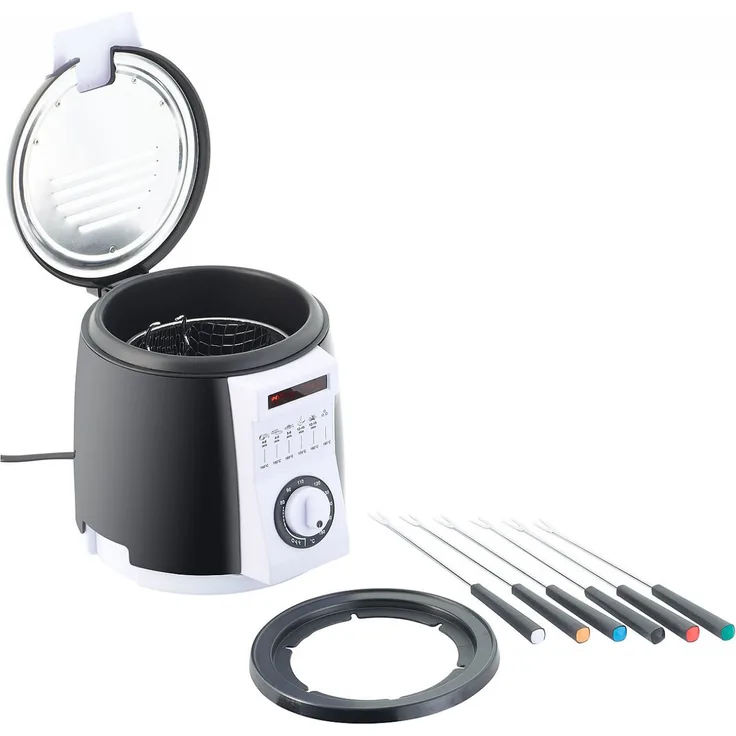 Rosenstein & Söhne Mini Fritteuse, mit Fondue Set, mit Öl, 840 Watt, 900 ml Fassungsvermögen, weiß schwarz