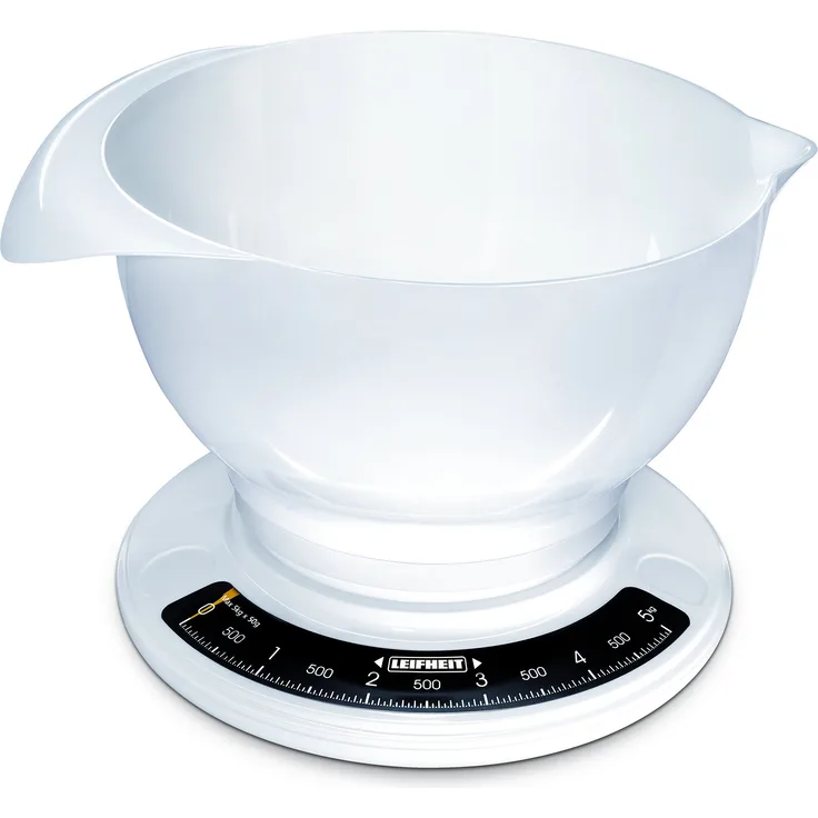 Leifheit analoge Küchenwaage, aus hochwertigem Kunststoff, inkl. abnehmbarer Rührschüssel, Haushaltswaage mit 5 kg Tragkraft, spülmaschinengeeignet, Küchenwaage analog, mechanische Zuwiegefunktion