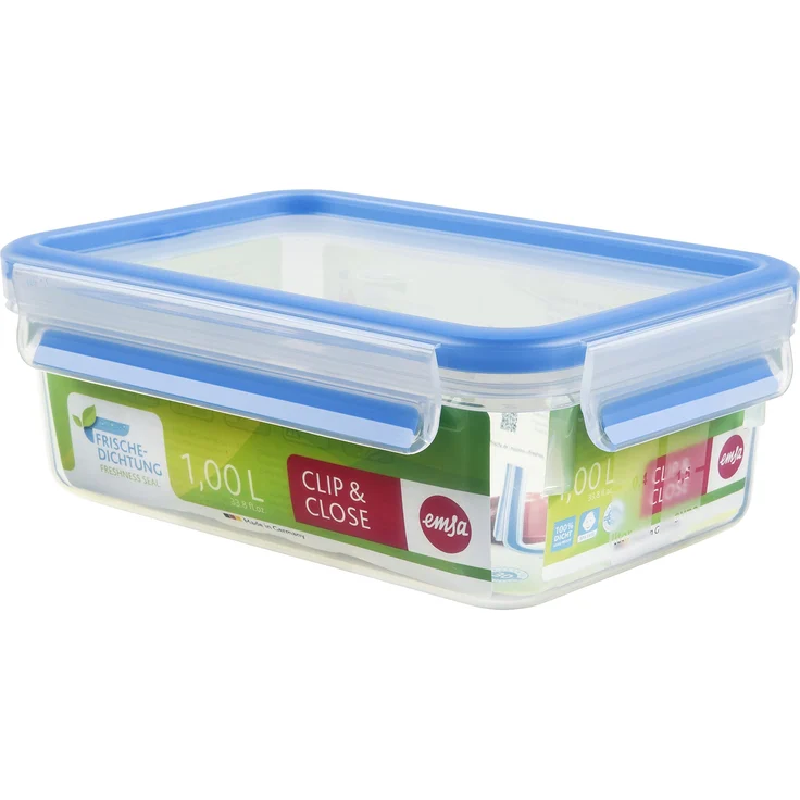 Emsa 508540 Rechteckige Frischhaltedose mit Deckel, 1.0 Liter, Transparent-Blau, Clip & Close – Bild 1