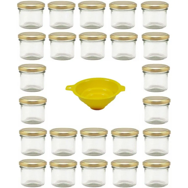 Viva Haushaltswaren 24 x Marmeladenglas 125 ml mit goldfarbenem Verschluss, runde Sturzgläser als Einmachgläser, Gewürzgläser, Glasdosen etc. verwendbar inkl. Trichter