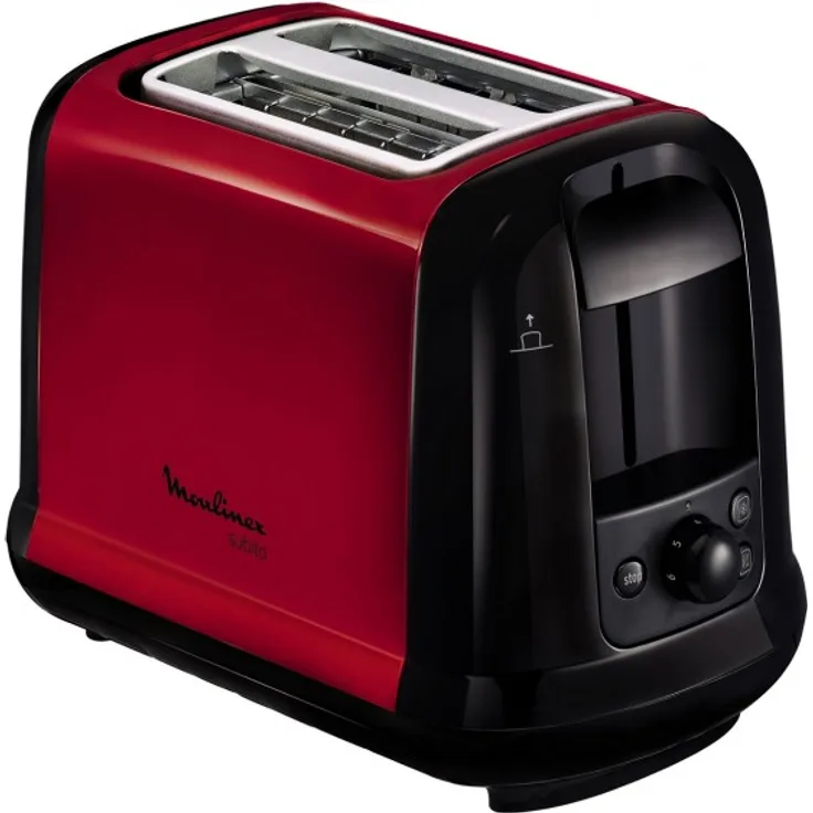 Moulinex LT260D11 Subito Toaster, Aufwärm- und Auftaufunktion, Krümelschublade, Schwarz-Edelstahl Rot