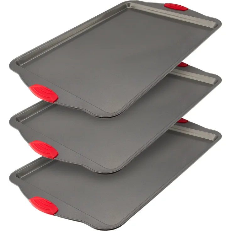 Backblech Set, 3 tlg. von boxiki Küche | Antihaft-Stahl kommerziellen Bäcker Bettlaken Pfannen Aluminiumguss | Cookie Backen Formen mit Silikon Griffe