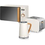 Swan Nordic Frühstücksset, Wasserkocher, 1,7 l, 2200 W, Breitschlitz-Toaster 2 Scheiben, Mikrowelle 20 l, Digital, modernes Design, Holzoptik, weiß