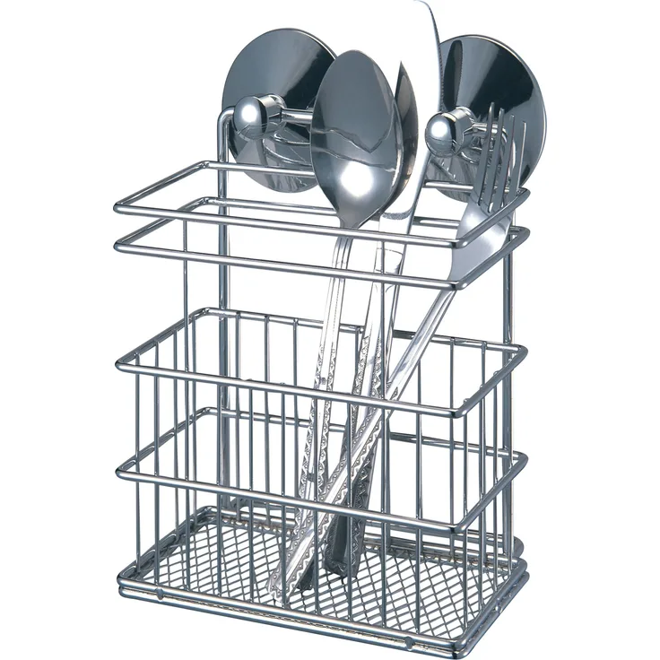 MSV Besteckhalter mit Saugnäpfen aus Stahl-PVC-Kunststoff, Silber, 16.5x15x10.5 cm