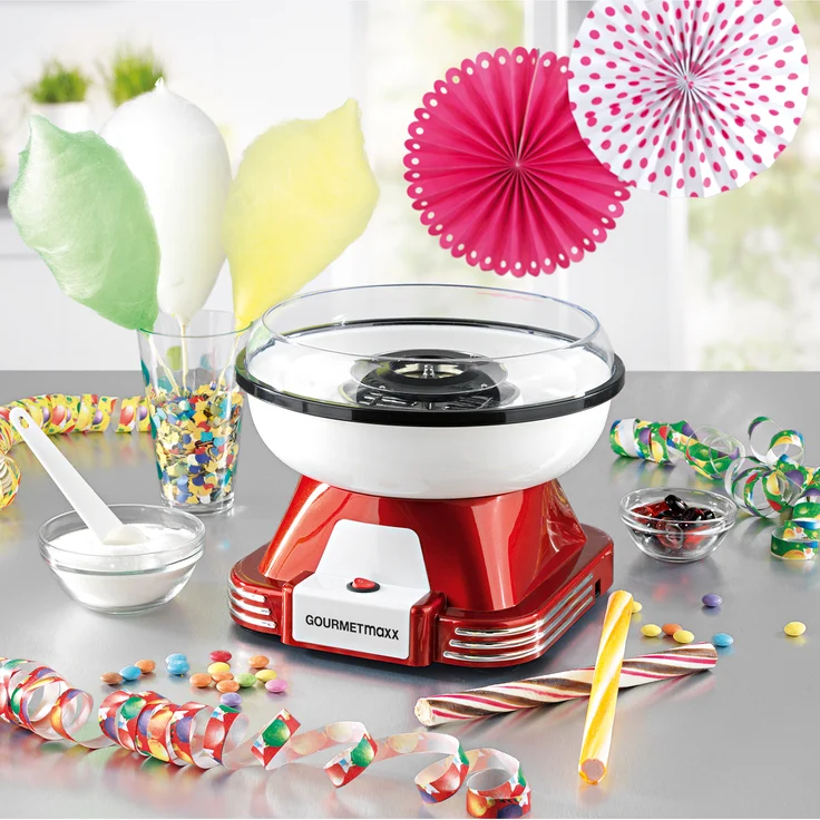 Gourmet Maxx Zuckerwatte-Maschine, 500 Watt, inkl. Stäbchen, Messlöffel und Sprizschutz, Retro-Design, herausnehmbarer Behälter, Gehäusematerial Edelstahl und Kunststoff, rot – Bild 3