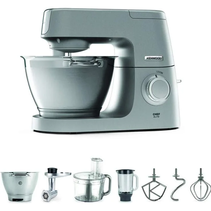Kenwood KVC5401S Chef Elite Küchenmaschine, 1200 Watt, 4.6 l Schüssel, inkl. inkl. Standmixer-Aufsatz (1,6 L), Unviversalzerkleinerer, Zweitschüssel, Fleischwolf-Aufsatz, Spritzschutz, silber Serie: Chef Elite