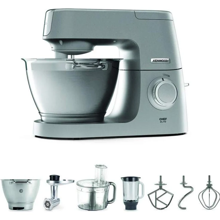 Kenwood KVC5401S Chef Elite Küchenmaschine, 1200 Watt, 4.6 l Schüssel, inkl. inkl. Standmixer-Aufsatz (1,6 L), Unviversalzerkleinerer, Zweitschüssel, Fleischwolf-Aufsatz, Spritzschutz, silber Serie: Chef Elite – Bild 1