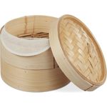 Relaxdays Bambus Dampfgarer, asiatischer Dämpfkorb mit 2 Etagen, für Dim Sum, Reis, Dampfgarer Einsatz, Ø 20,5 cm, natur