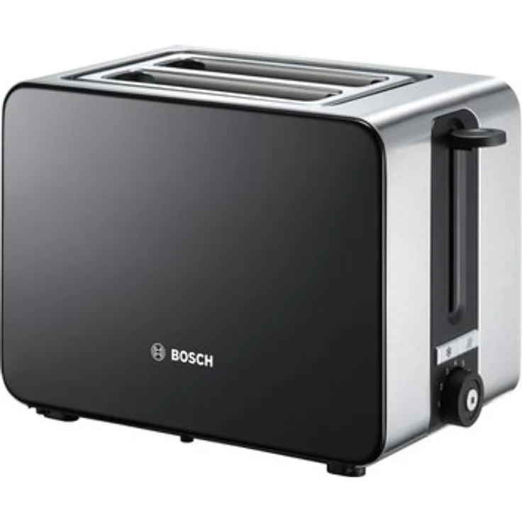 Bosch TAT7203 Kompakt-Toaster, Auftau-Aufknusperfunktion, automatische Brotzentrierung, Abschaltautomatik, 1050 W, Edelstahl-schwarz