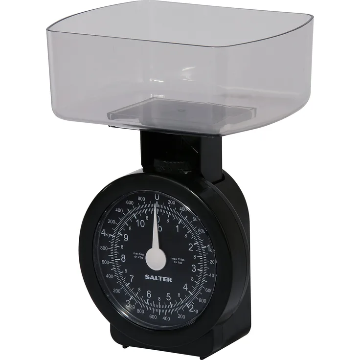 SALTER mechanische Küchenwaage, Max Traglast 5kg, Metrisch und Imperiale Einheiten, Klare analoge Anzeige, Spülmaschinenfest, Leicht zu reinigen, schwarz