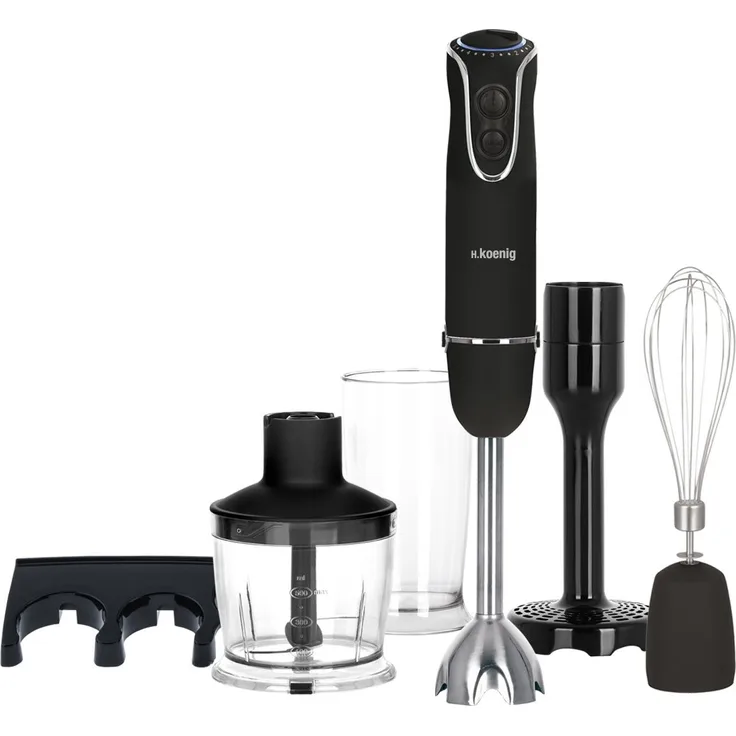 H.Koenig MIX75 Stabmixer-Set - Mixbecher, Schneebesen und Pürierstab - 5 Geschwindigkeitsstufen - 750 W - Spülmaschinenfest - Edelstahl - schwarz