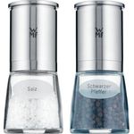 WMF De Luxe Salz und Pfeffermühle-Set 2-teilig, befüllt, Keramikmahlwerk, Edelstahl Cromargan, Glas, Gewürzmühle für Salz, Pfeffer, Chillischoten, getrocknete Kräuter, H 14 cm, Ø 6 cm, schwarz weiß