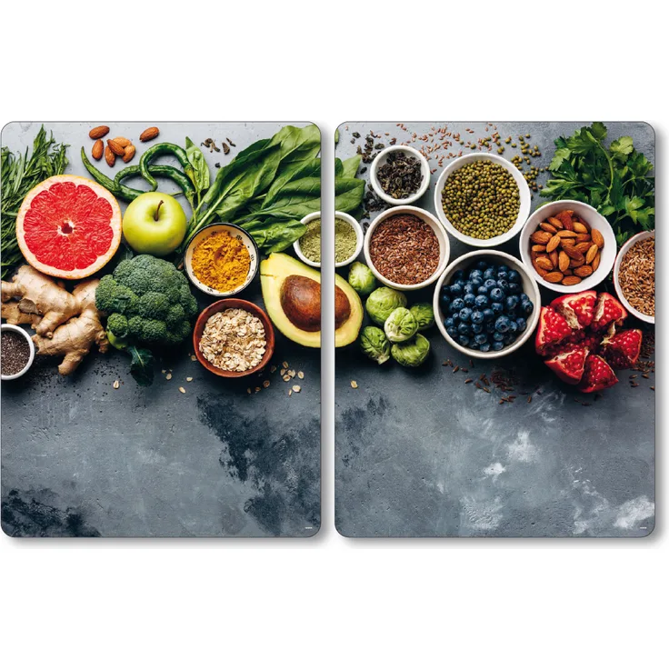 KESPER 3664313 XL Herdabdeckplatte, 2er Set, Motiv HEALTHY KITCHEN Glasschneidbrett Kochfeld Abdeckung