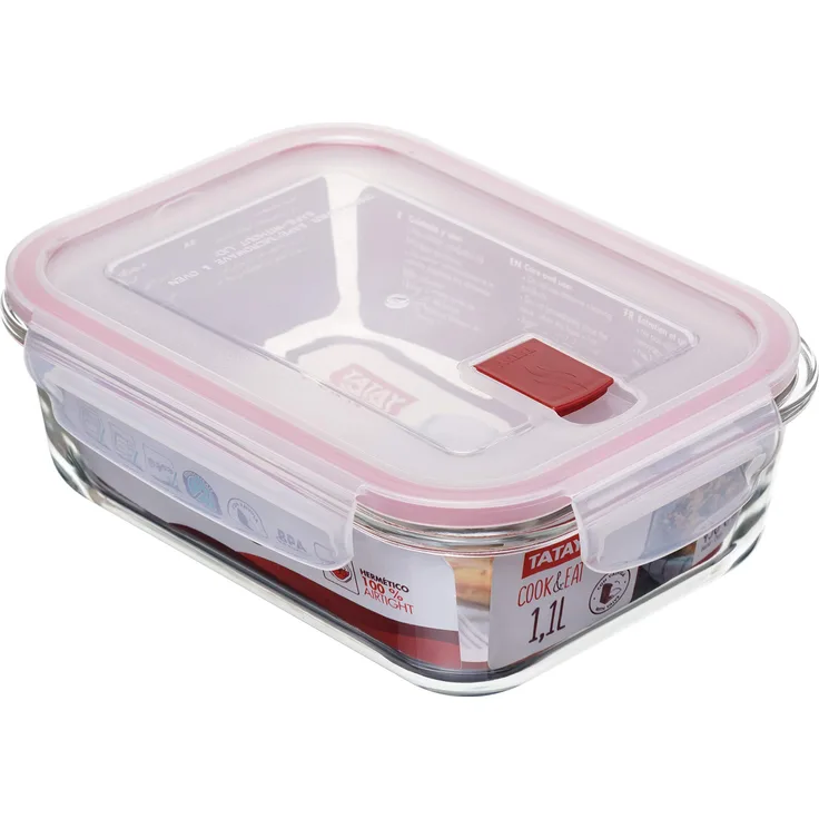 TATAY Cook&Eat Frischhaltedose aus Borosilikatglas, transparent mit roter Dichtung 1.1 L