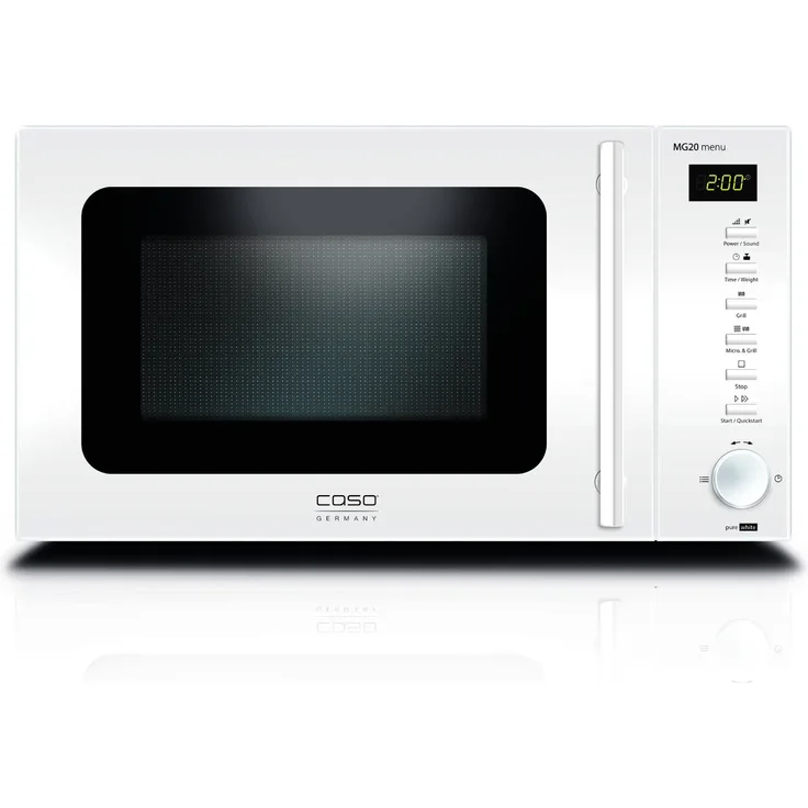 Caso MG20 menu Design Mikrowelle mit Grill 2in1 , Standgerät, 800 Watt, 20 Liter Garraum, Grill, 2 Kombiprogramme & 14 automatische Kochprogramme, Innenraum Edelstahl, Weiß