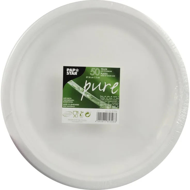 Papstar Pappteller Einwegteller weiß, rund pure (50 Stück), robust, hergestellt aus nachwachsendem Zuckerrohr, Durchmesser 26 cm, Höhe 2 cm