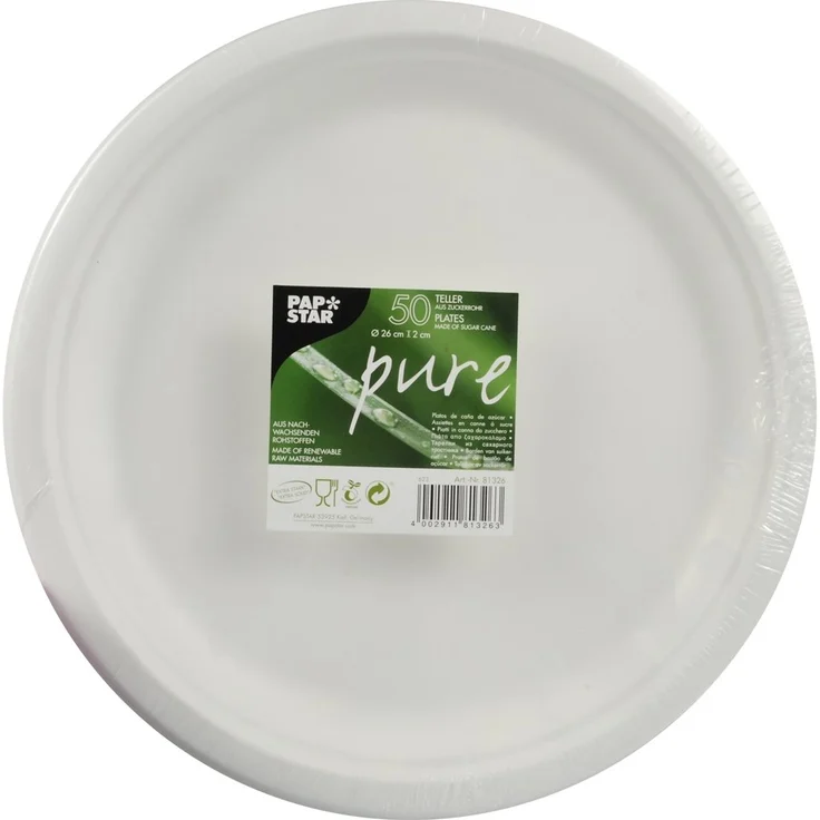 Papstar Pappteller Einwegteller weiß, rund pure (50 Stück), robust, hergestellt aus nachwachsendem Zuckerrohr, Durchmesser 26 cm, Höhe 2 cm