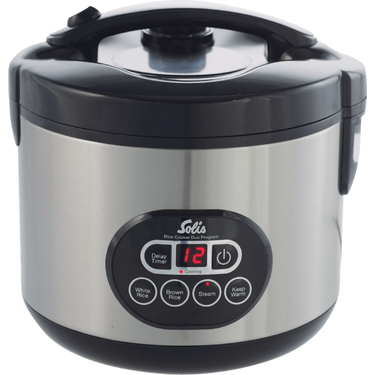 Solis Reiskocher und Dampfgarer, Weißer-brauner Reis, Timer und Warmhaltefunktion, 6 Tassen Reis, 1,2 Liter, 500 Watt, Inklusive Messbecher und Schöpflöffel, Duo Program Typ 817