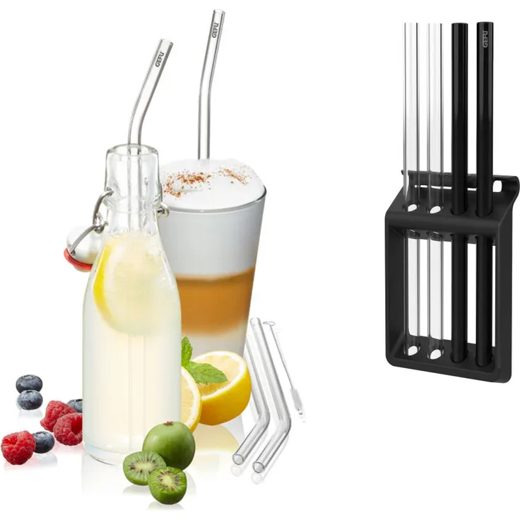 Gefu Glastrinkhalm-Set Future mit Trinkhalm-Spülkorb und Bürste, 4 Halme, Borosilikatglas, Transparent, 23 cm, 00178