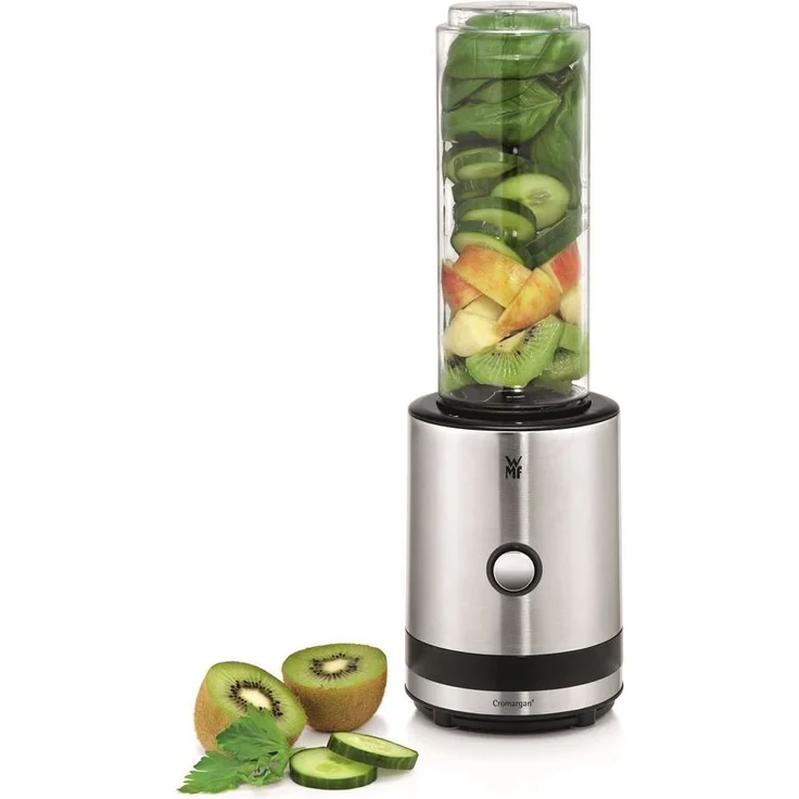 WMF KÜCHENminis Smoothie-to-go, Mini Standmixer mit zwei Mix-Trinkbehältern 0,6l, 300 W, cromargan matt-silber – Bild 1