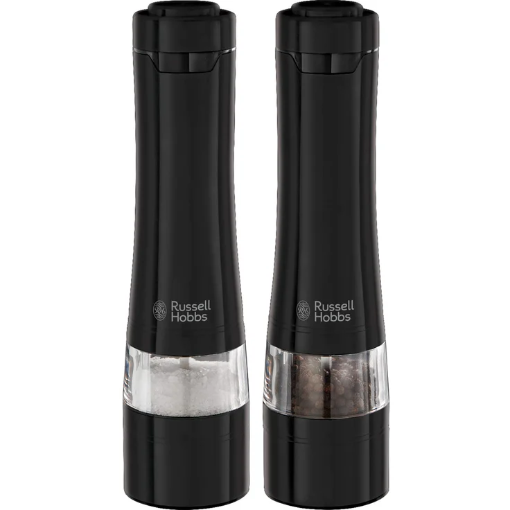 Russell Hobbs Salz und Pfeffer Mühle elektrisch Set, schwarz, Keramikmahlwerk, Mahlgrad einstellbar fein bis grob, LED Beleuchtung, batteriebetrieben, zwei Bodendeckel, Gewürzmühlen, 28010-56 – Bild 1