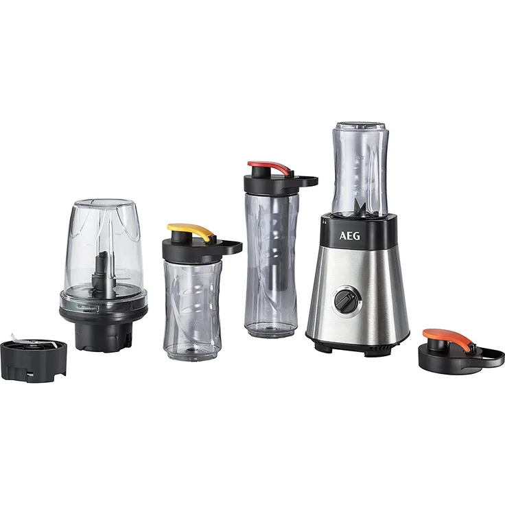 AEG MiniMixer SB 2900 Standmixer (1x 600 ml und 2x 300 ml Tritan-Flaschen, Kühlakku, 500 ml Zerkleinerer, 4-Klingen Messer, Drehregler, 2 Geschwindigkeitsstufen, Pulse-Taste, gebürstetes Edelstahl)