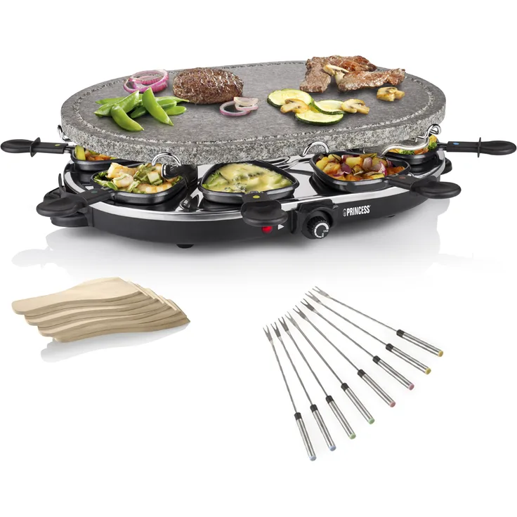 Princess Raclette-Grill, 1200 Watt, heißer Stein, Natursteingrill & Gabeln für 8 Personen, oval, silber, schwarz