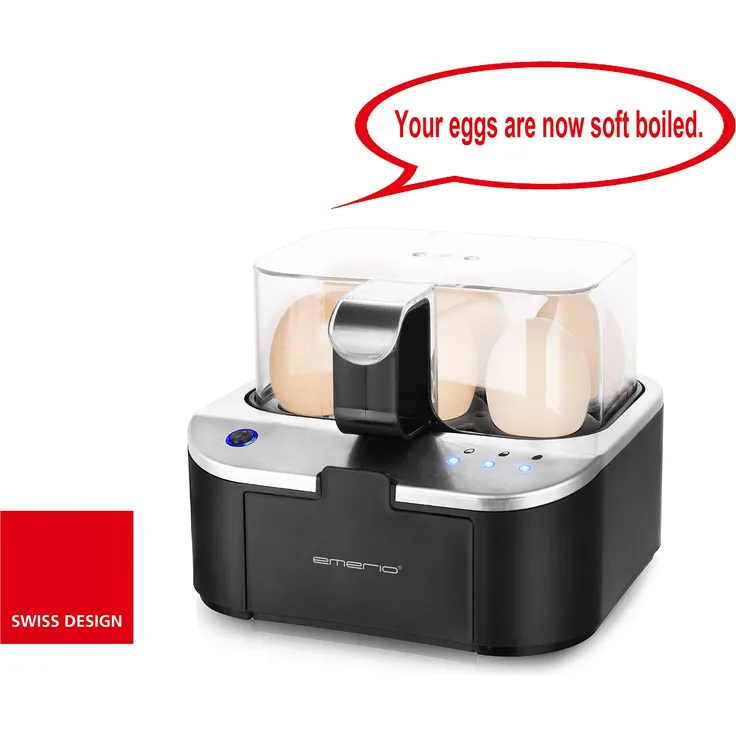Emerio EB-123177.1 smarter Eierkocher, mit Sprachausgabe, 400W, für max. 6 Eier, antihaftbeschichtet, mit Messbecher, schwarz