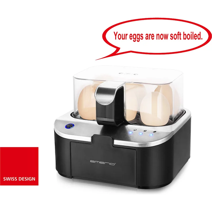 Emerio EB-123177.1 smarter Eierkocher, mit Sprachausgabe, 400W, für max. 6 Eier, antihaftbeschichtet, mit Messbecher, schwarz – Bild 1