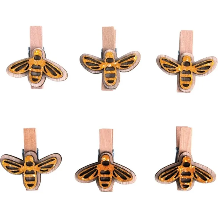 Holz-Klammern mit Bienen, 3,5cm, SB-Btl. 6Stück, honiggelb