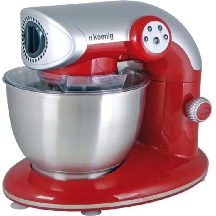 H.Koenig KM80 Küchenmaschine - 5 L Schüssel aus Edelstahl - bis zu 2kg Teig - 3 Aufsätze - 1000 W - 4 Geschwindigkeitsstufen - rot