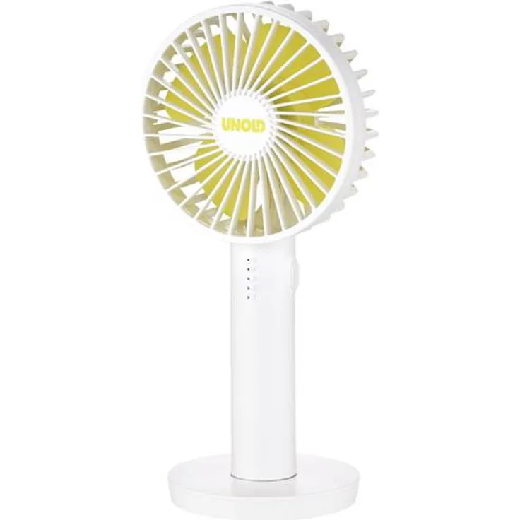 Unold 86620 HANDVENTILATOR Breezy II White, 5-stufige Geschwindigkeitsregelung, LED-Kontrollleuchten und bis zu 8 Stunden Akkubetrieb