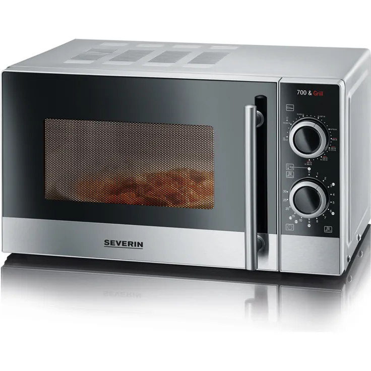 Severin MW 7875 2-in-1 Mikrowelle mit Grill, Standgerät, 700 Watt, 20 Liter Garraum, inkl. Grillrost und Drehteller, Edelstahl-Schwarz 