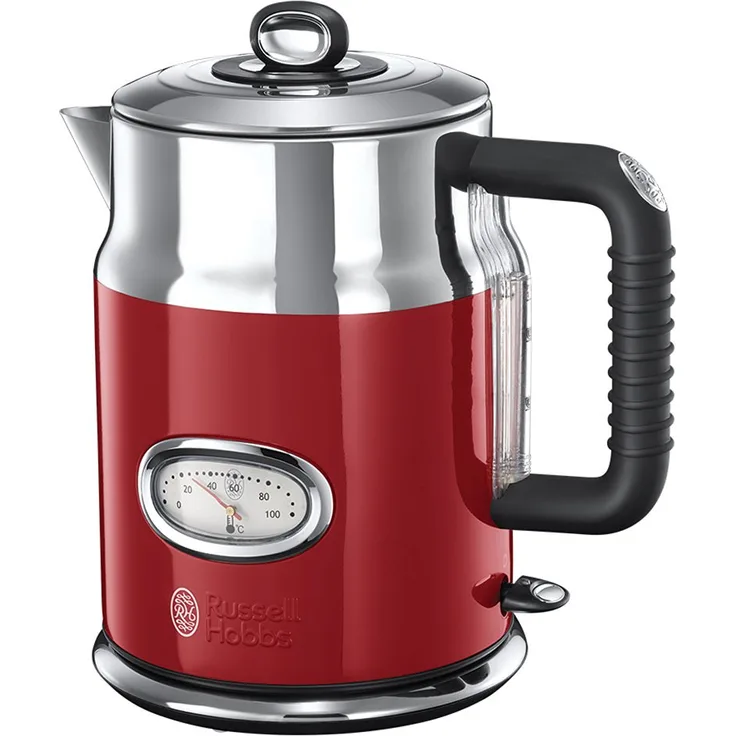 Russell Hobbs Wasserkocher, Retro rot, 1,7l, 2400W, Schnellkochfunktion, Wassertemperaturanzeige im Retrodesign, Füllmengenmarkierung, optimierte Ausgusstülle, Vintage Teekocher 21670-70