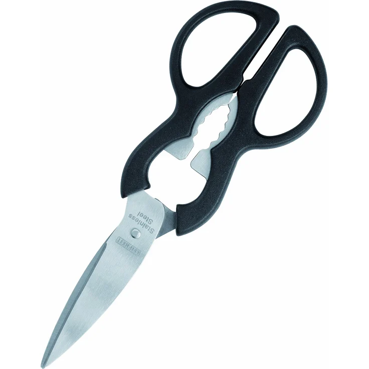 Leifheit Küchenschere mit scharfen Edelstahlklingen, Haushaltsschere 25 cm mit ergonomischen Griffen, rostfrei, Multifunktions-Küchenschere mit Nussknacker, Flaschenöffner und Schraubverschlussöffner – Bild 1