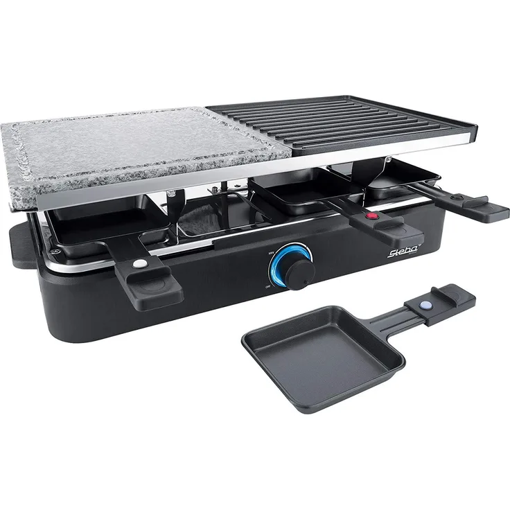 Steba 63-18-00 Multi-Raclette RC 18 | Hochwertige Natursteingrillplatte | Wendbare Grillplatte | 8 antihaftbeschichtete Pfännchen | 8 Pfännchenschaber | 1,8 m Anschlusskabel | 1400 Watt, Schwarz